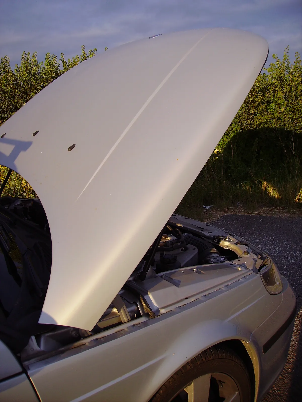 私家車車頭引擎蓋打開，看見前置引擎艙，沒有車牌。